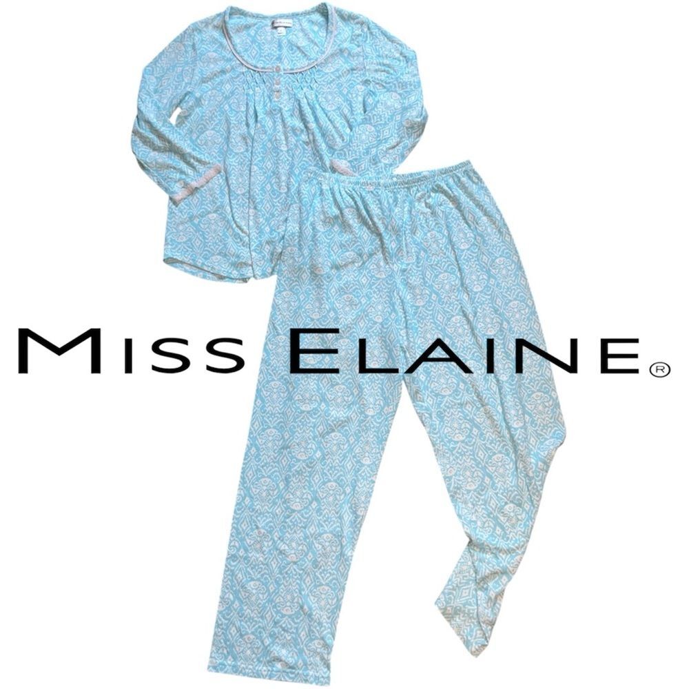 Miss Elaine Matching Comfy Aqua Blue & White Pajama Set Size Medium PJ's